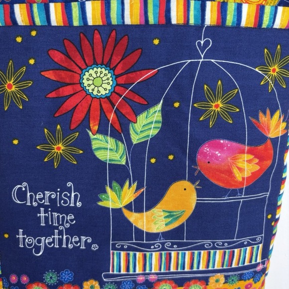 Handmade Quilted Bright‎ Colorful Tote Bag Flowers Birds and Positive Messages - Picture 3 of 9